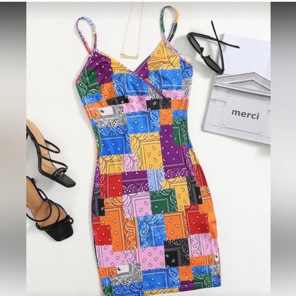 SHEIN Dresses & Skirts - SHEIN Colorful Patchwork Spaghetti Strap Mini Dress